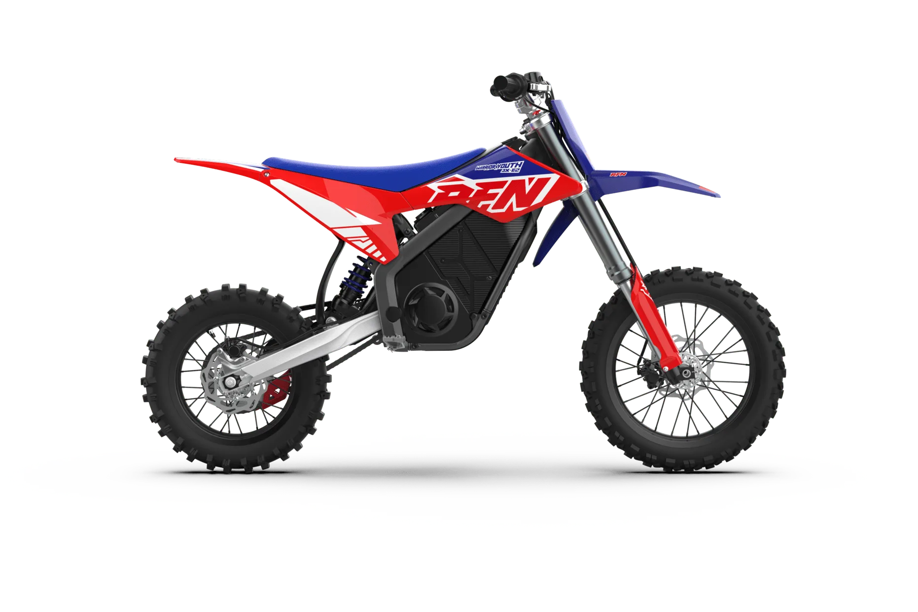 Seitenansicht der RFN Warrior SX-E2, ein elektrisches Dirt-Bike für den Offroad-Einsatz von Kindern und Jugendlichen