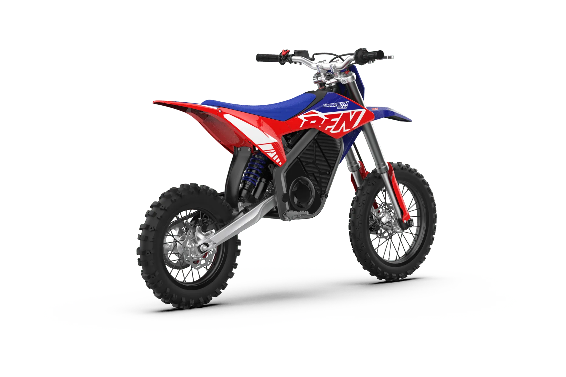 Elektro-Dirt-Bike RFN Warrior SX-E2 für junge Offroad-Fahrer vor weißem Hintergrund