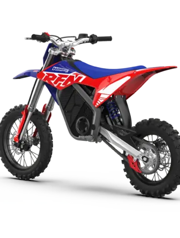 Seitenansicht der RFN Warrior SX-E2, ein elektrisches Dirt-Bike für junge Fahrer, vor weißem Hintergrund