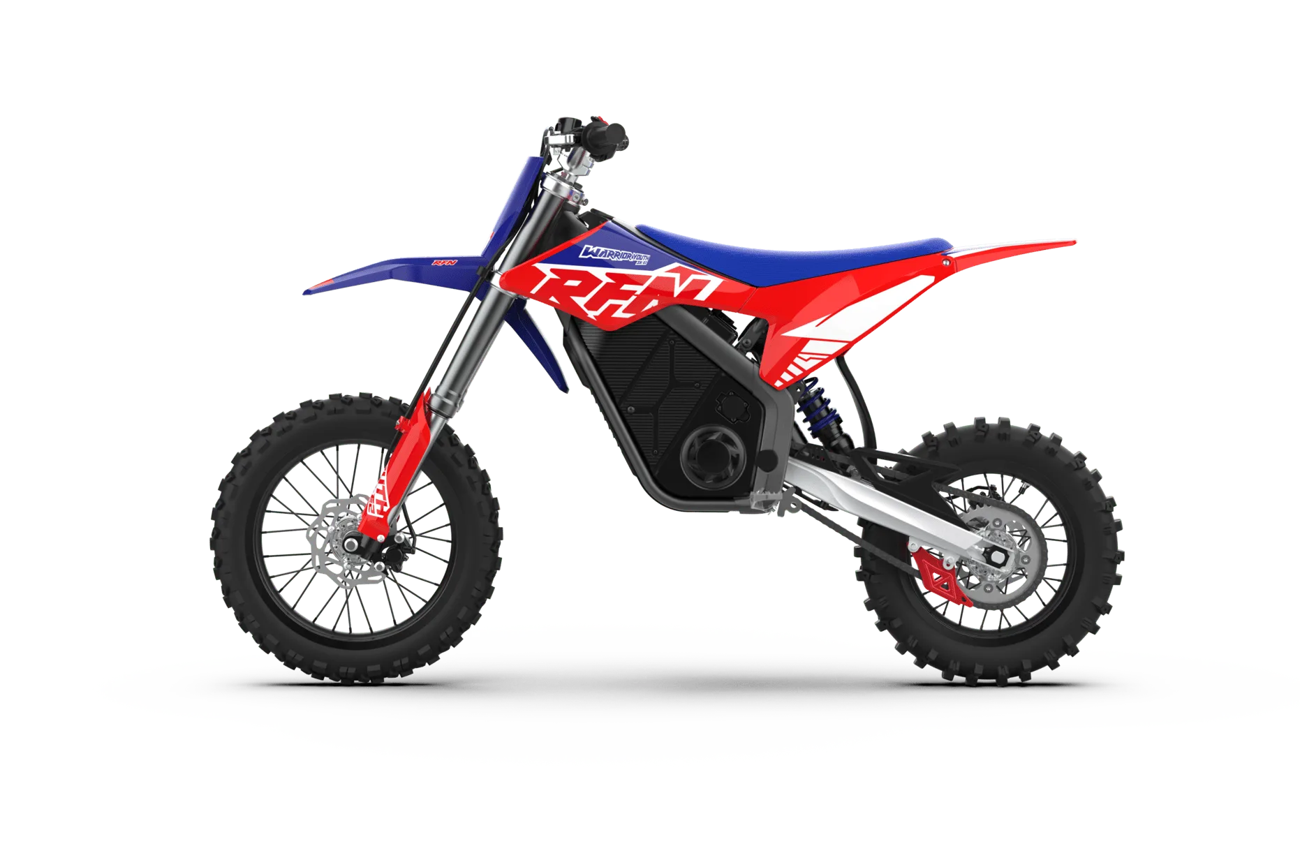 Elektro-Dirt-Bike RFN Warrior SX-E2 in Seitenansicht vor weißem Hintergrund