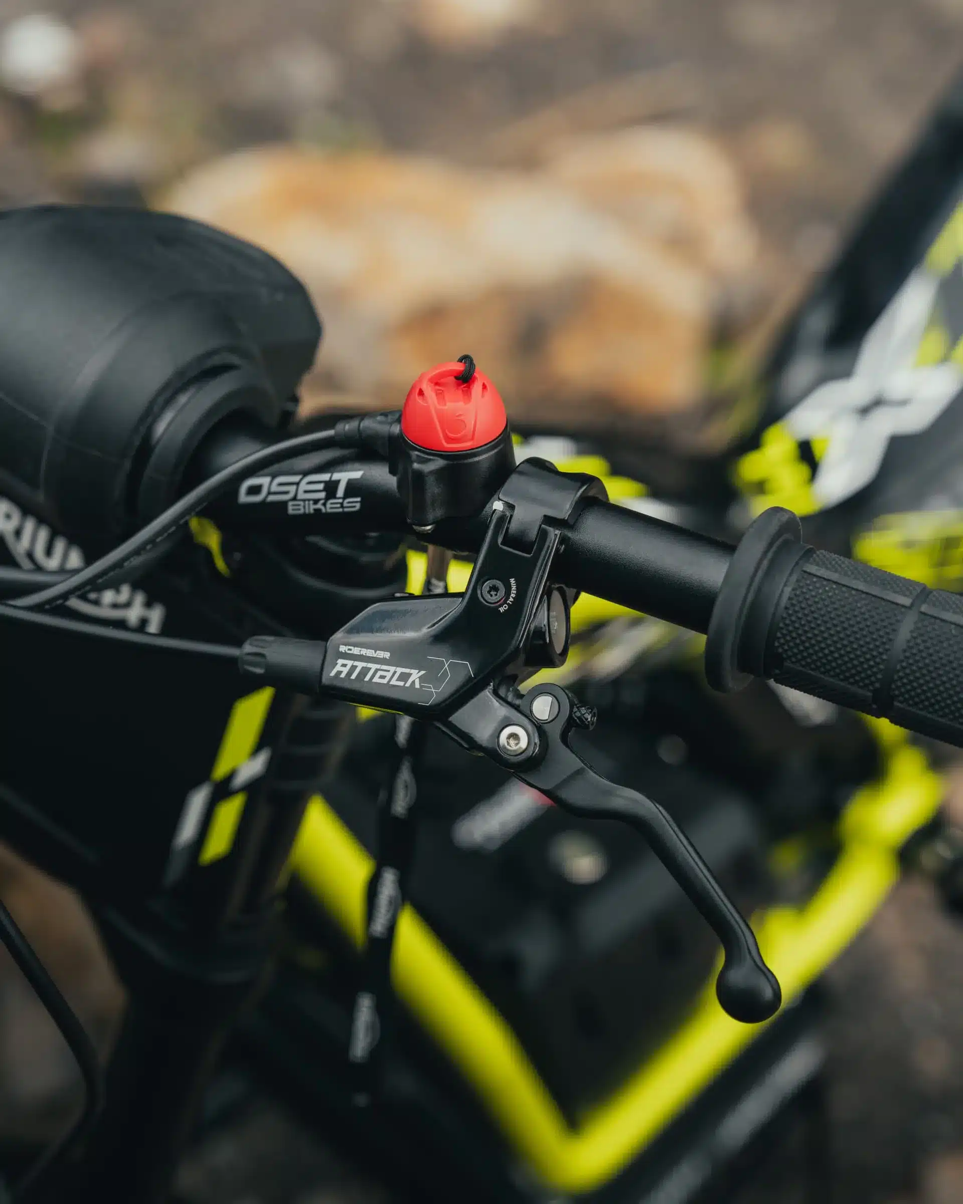 Nahaufnahme des Lenkers der Triumph TXP-20 mit Bedienelementen und Sicherheits-Lanyard.
