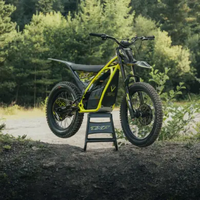 Triumph TXP-24 Elektromotorrad im Offroad-Einsatz auf einem Ständer vor Waldkulisse