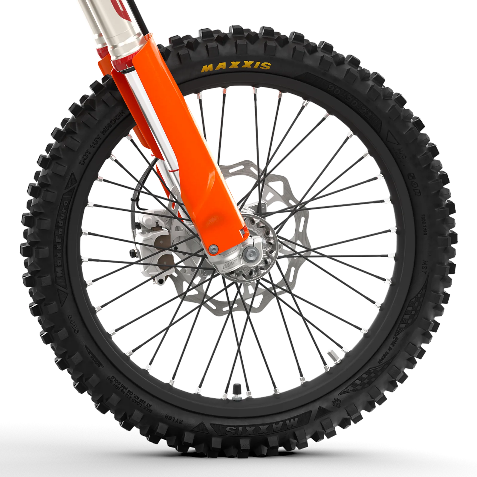 Vorderrad mit Maxxis-Enduroreifen und orangefarbener WP-Gabel einer KTM 300 EXC 2027