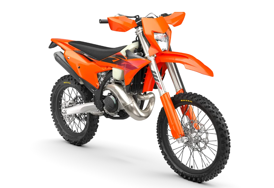 KTM 300 EXC 2027 Enduro-Motorrad, Seitenansicht, orange Lackierung, moderne Offroad-Technik.