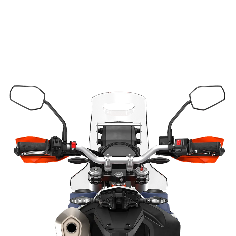 Frontale Ansicht des Cockpits und Lenkers einer KTM 690 RALLY mit Rally Tower, Spiegeln und Handguards