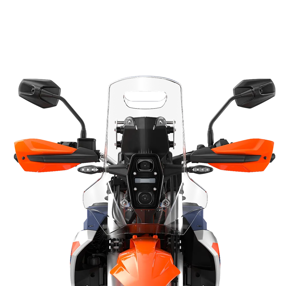Frontansicht mit Rally Tower, Windschutzscheibe und LED-Scheinwerfer einer KTM 690 RALLY