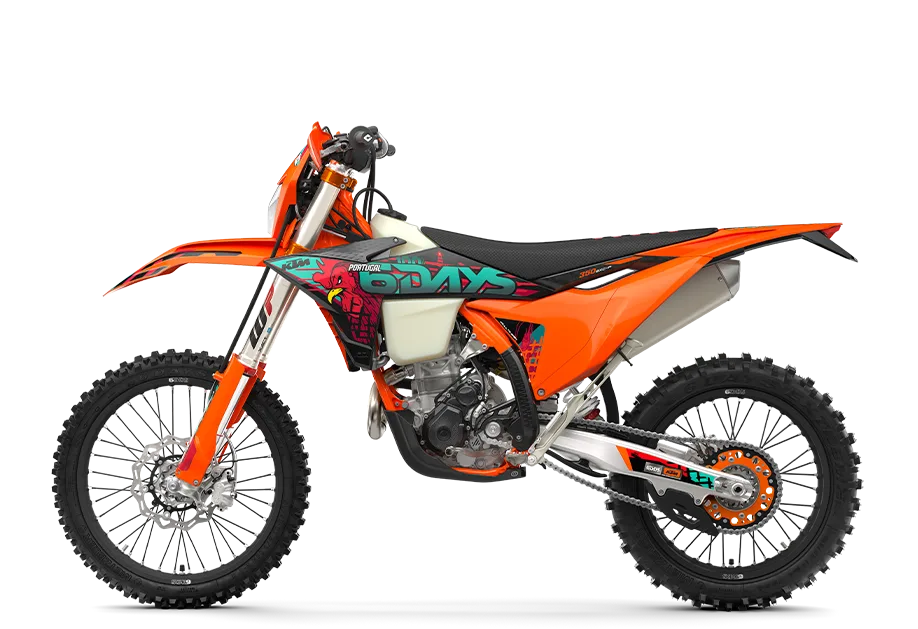 KTM 350 EXC-F 6DAYS Enduro-Motorrad, Modelljahr 2024, Seitenansicht, orange mit 6DAYS-Grafik.