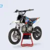Motorrad YCF Lite 125 Modell 2026 auf Montageständer, seitliche Ansicht, Motocross-Design, Offroad-Bereifung