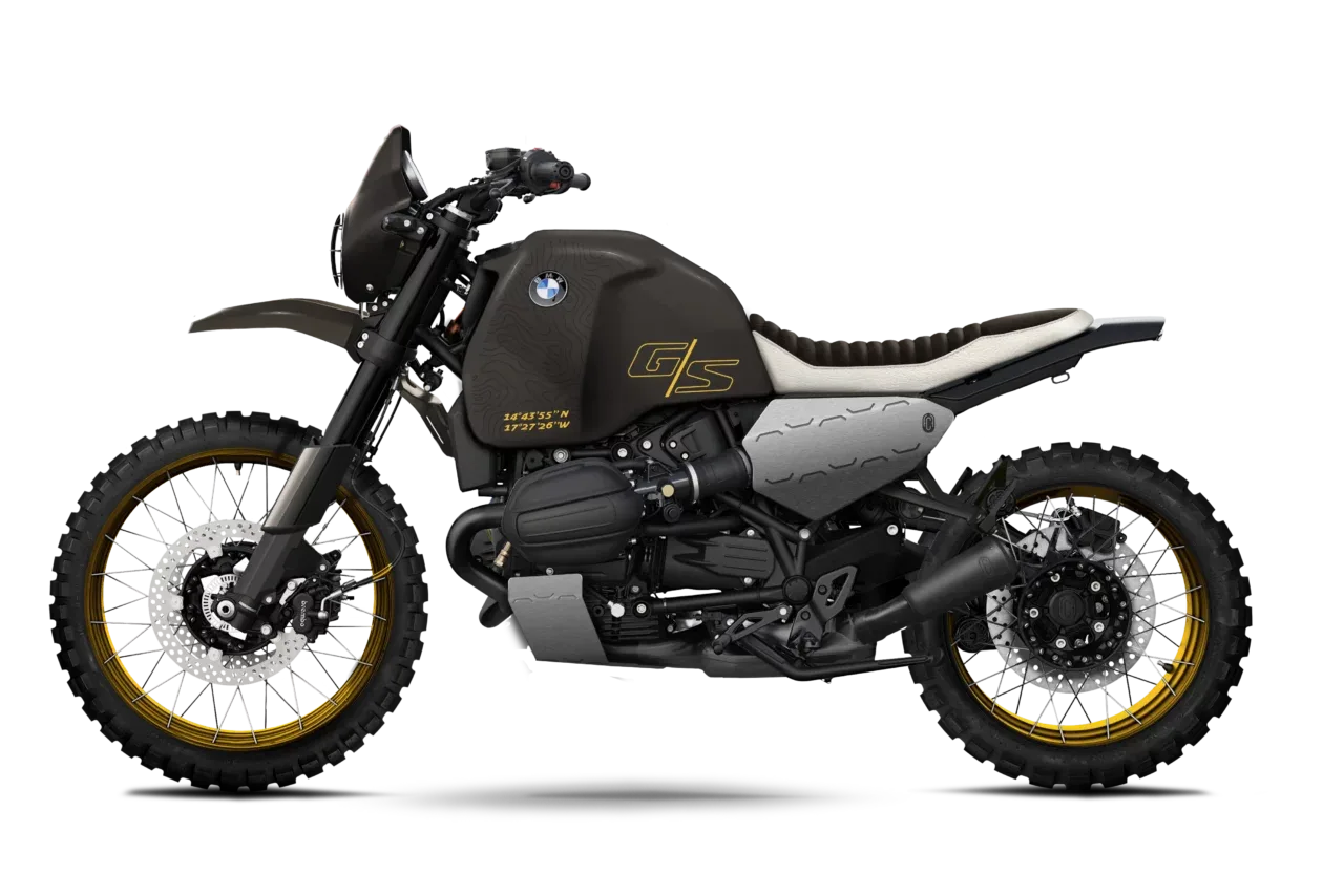 BMW R 12 G/S von FCR Original, Seitenansicht mit Dakar-Tank, Speichenrädern und Stollenreifen