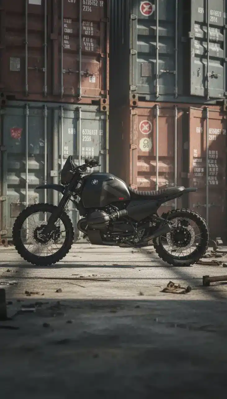 BMW R 12 G/S Custom-Motorrad mit größerem Dakar-Tank, Speichenrädern und Offroad-Bereifung vor Industriekulisse