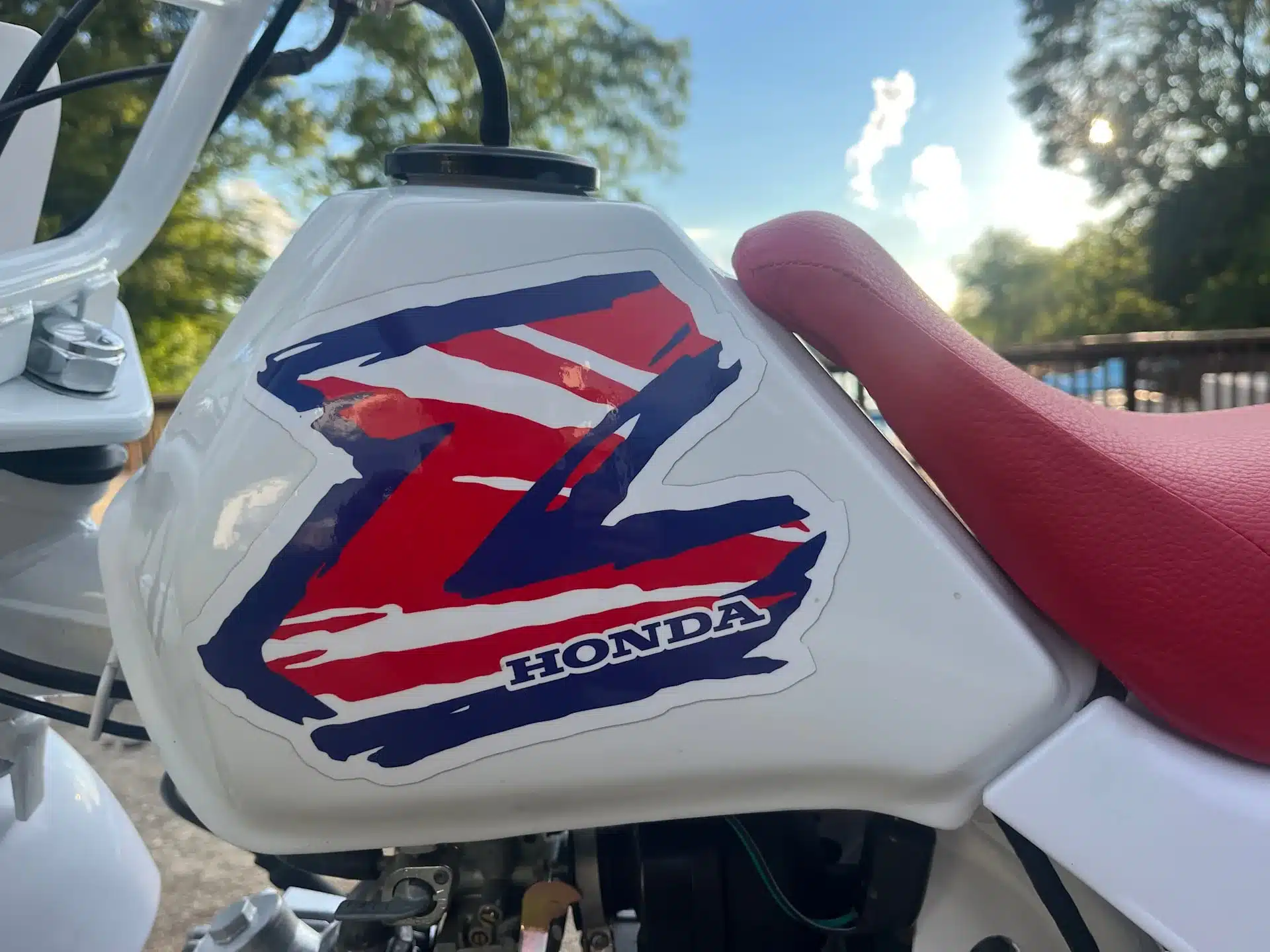 Tank der Honda Z50R mit großem Z-Logo und roter Sitzbank, Teilansicht