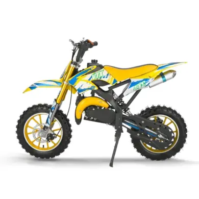 Gelbes und blaues Valtinsu 49cc Mini-Dirtbike für Kinder, seitliche Ansicht auf weißem Hintergrund.