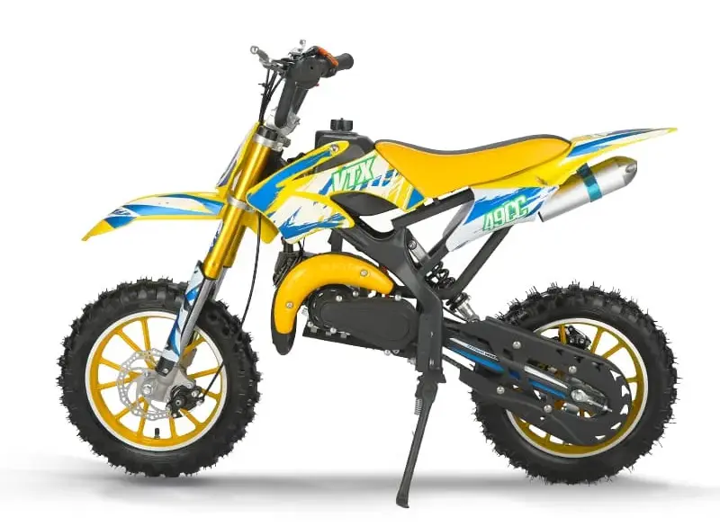 Gelbes und blaues Valtinsu 49cc Mini-Dirtbike für Kinder, seitliche Ansicht auf weißem Hintergrund.