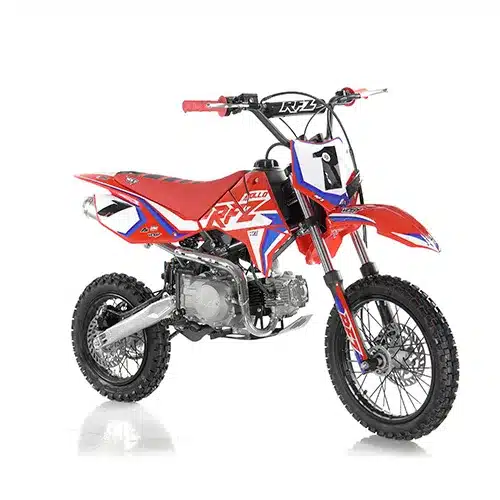 RFZ Gazelle 110 Pitbike in Rot-Blau-Weiß, seitliche Ansicht auf weißem Hintergrund