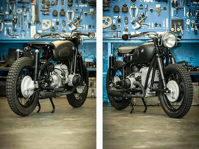 Restaurierte BMW R50 von 1955, Umbau mit mattschwarzem Lack und klassischen Elementen in einer Werkstatt