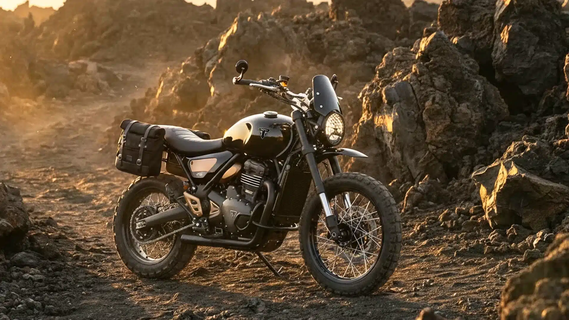 Triumph Scrambler 400 Escape auf unbefestigtem Gelände mit Felsformationen im Hintergrund
