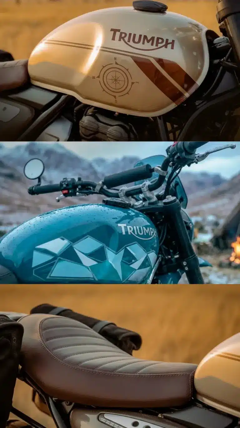 Triumph Scrambler 400 Escape mit individuell lackiertem Tank und handgefertigter Sitzbank im Detail
