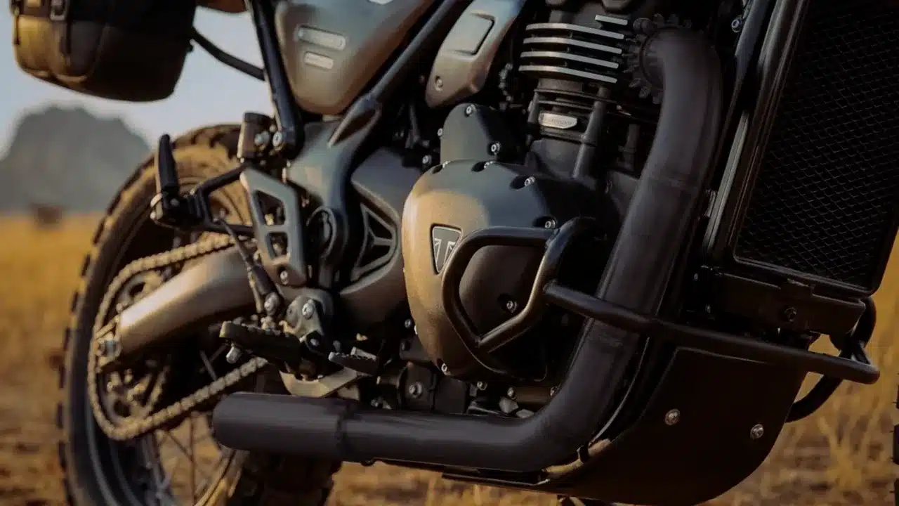 Motor und Auspuff der Triumph Scrambler 400 Escape mit Schutzblech und grobstolliger Bereifung auf Naturweg