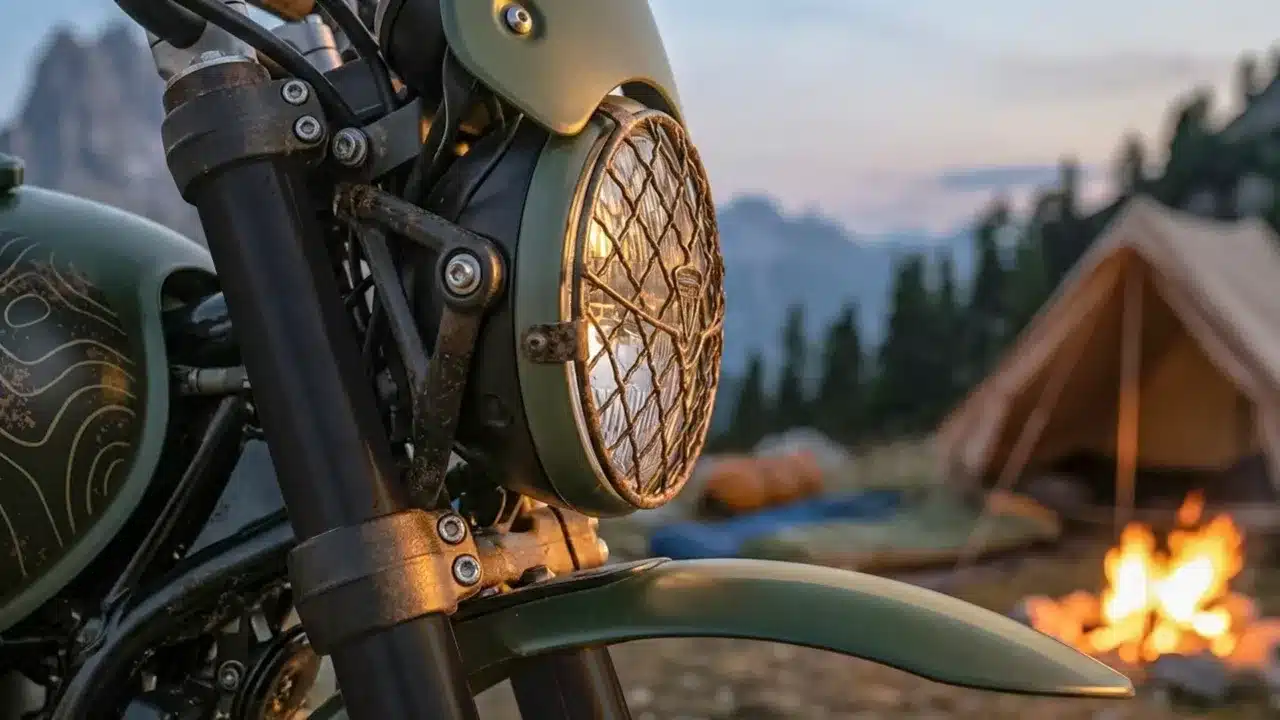 Scheinwerfer mit Gitter einer Triumph Scrambler 400 Escape im Outdoor-Einsatz, im Hintergrund Zelt und Lagerfeuer