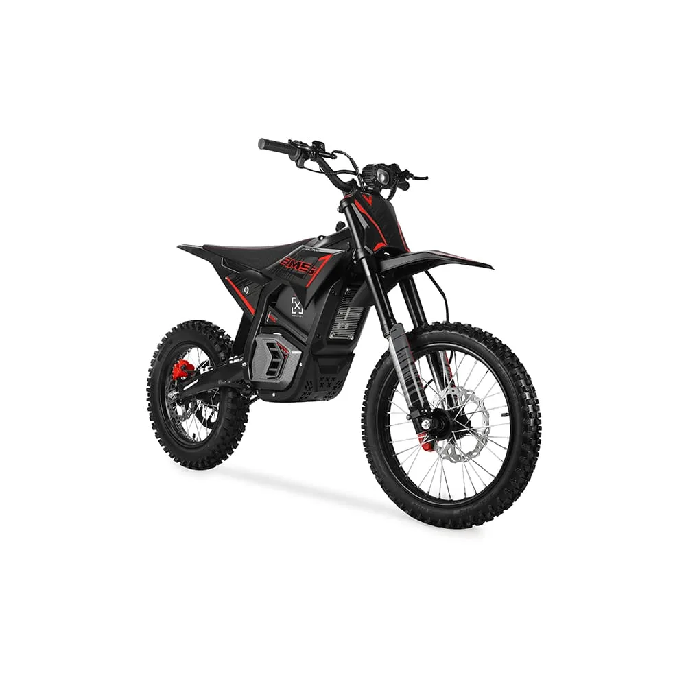 Seitliche Ansicht des elektrischen Offroad-Bikes VALTINSU EM-5 PRO in Schwarz mit grobstolligen Reifen.