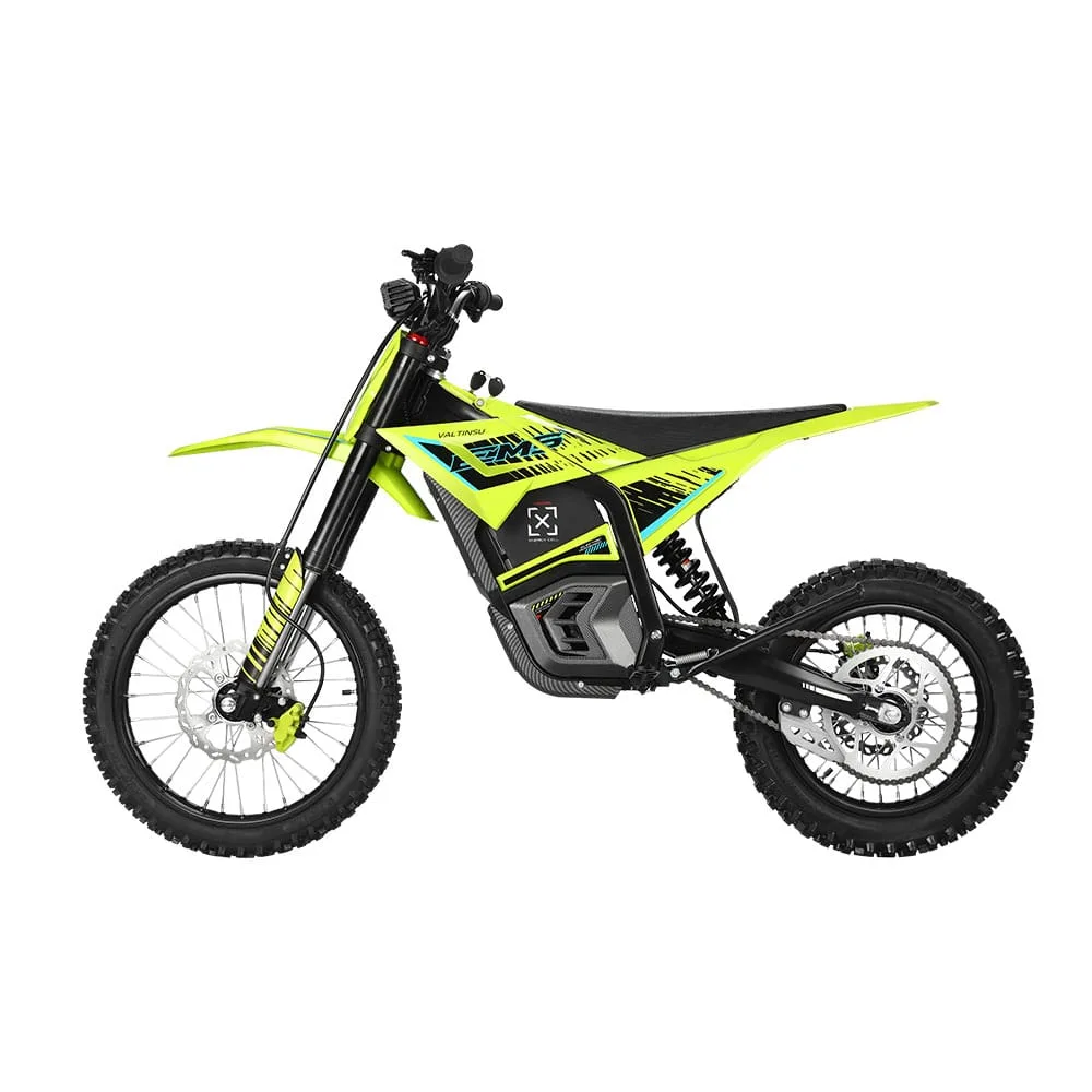 Elektrisches Dirtbike VALTINSU EM-5 PRO in Gelb-Schwarz mit Geländereifen, Seitenansicht.