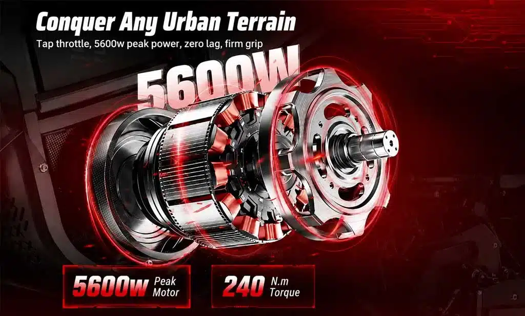 Nahaufnahme des 5600-Watt-Elektromotors mit 240 Nm Drehmoment der VALTINSU EM-5 PRO, hervorgehoben durch dynamische Effekte.