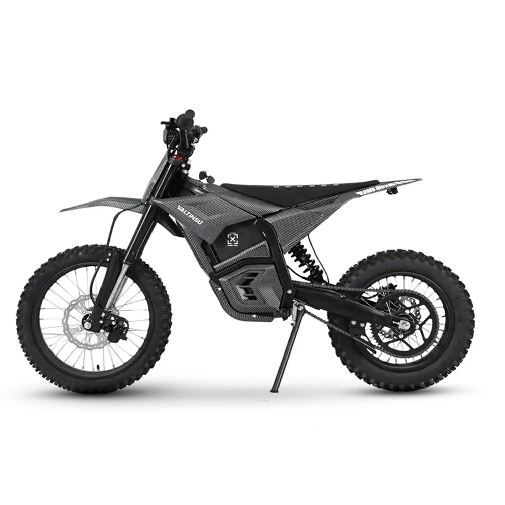 Valtinsu EM-5 Ultra Elektro-Dirt-Bike, Seitenansicht im Studio, schwarze Farbe, grobstollige Reifen