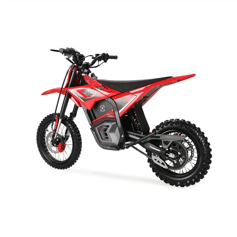 Rotes VALTINSU EM-5 Elektro-Motorrad für den Offroad-Einsatz, seitliche Ansicht auf weißem Hintergrund.