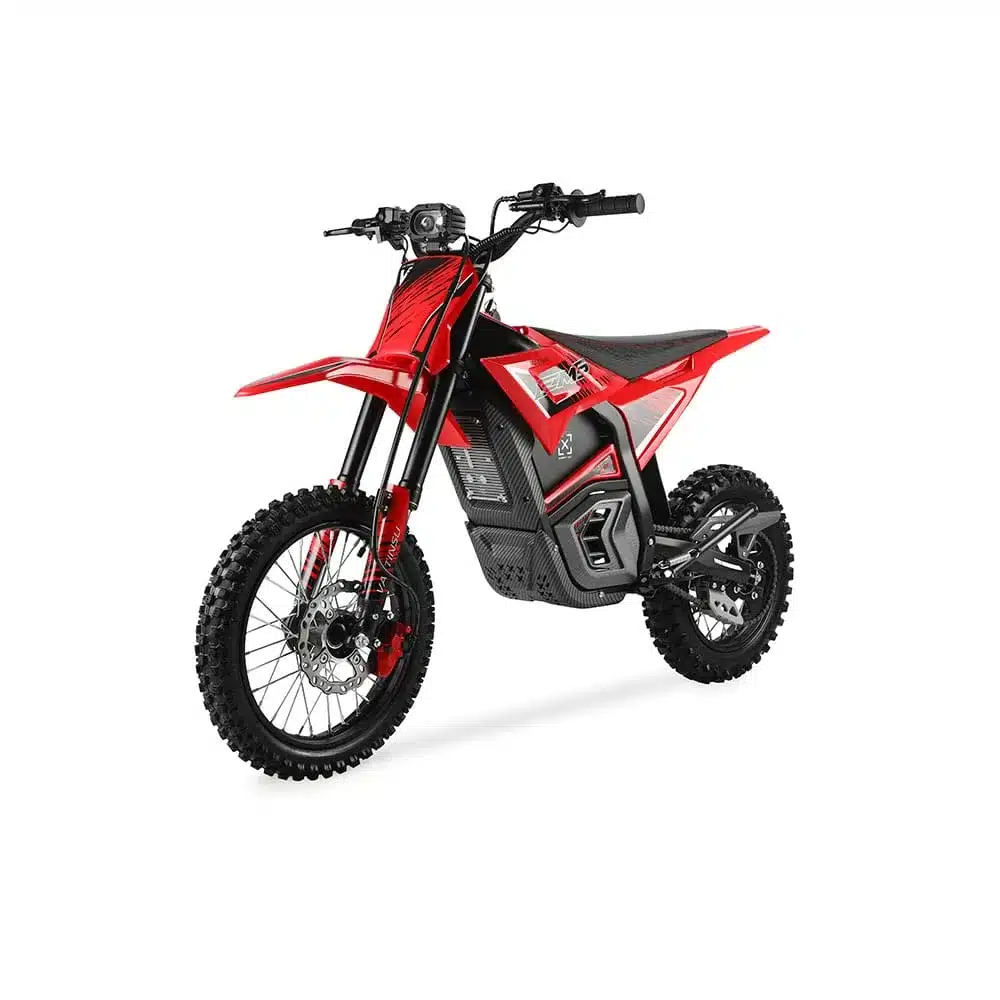 Rotes elektrisches Offroad-Motorrad VALTINSU EM-5 mit grobstolligen Reifen und sportlicher Bauweise.