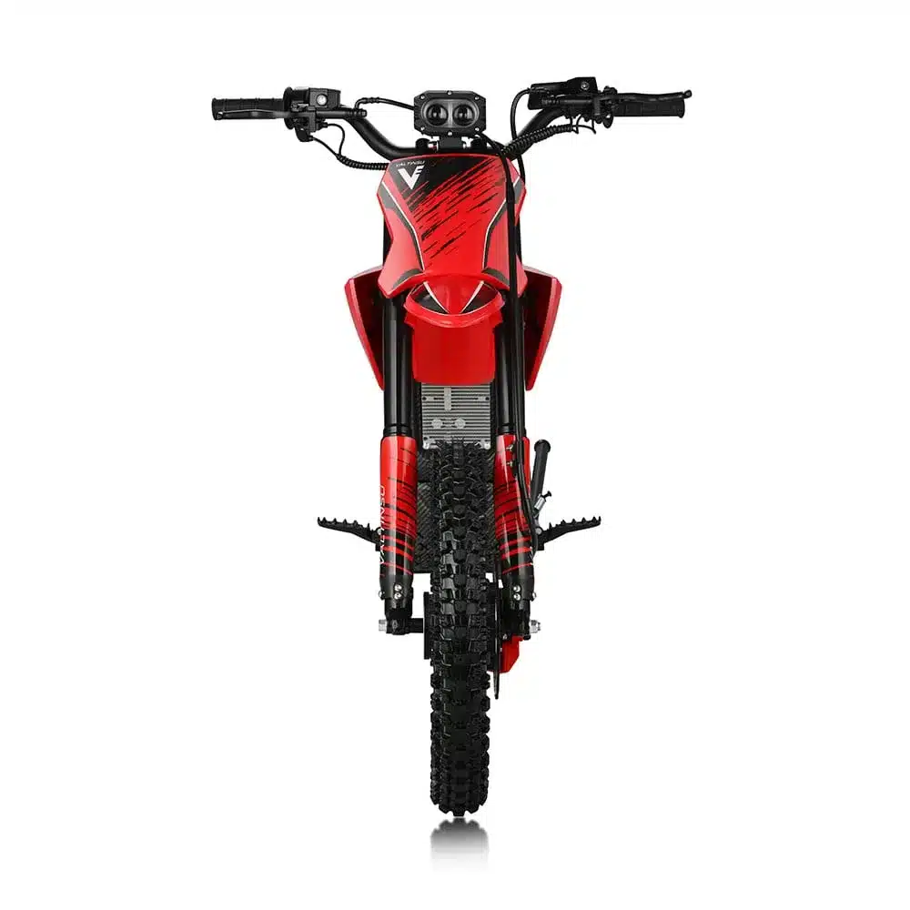 Frontansicht eines roten VALTINSU EM-5 Elektro-Dirt-Bikes mit grobstolliger Offroad-Bereifung.